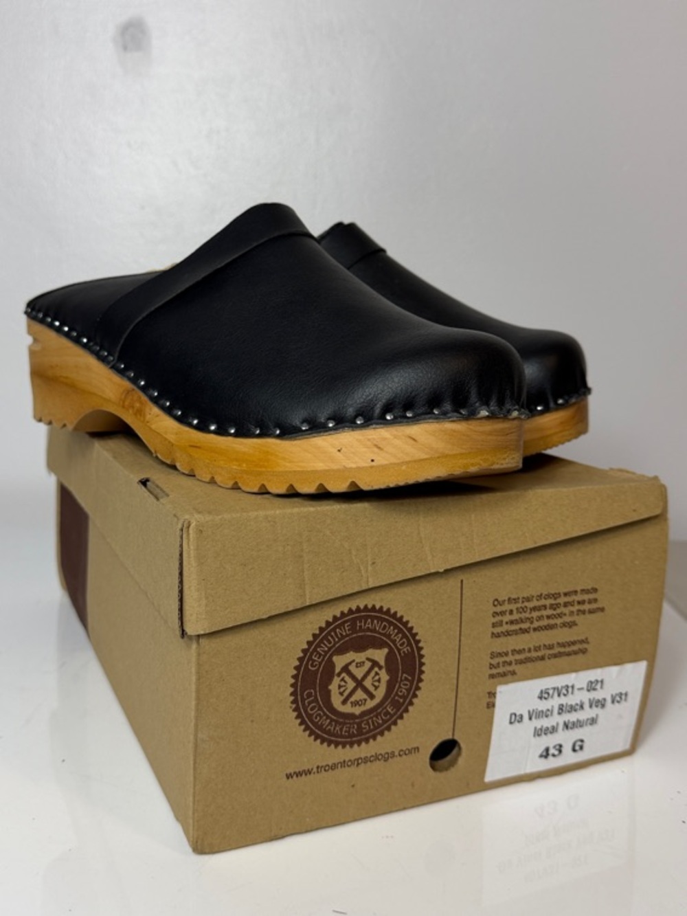 Troentorp Classic Da Vinci Vegan Leather Clog Mule with Natural Wood Sole 43 NIB - Picture 9 of 11